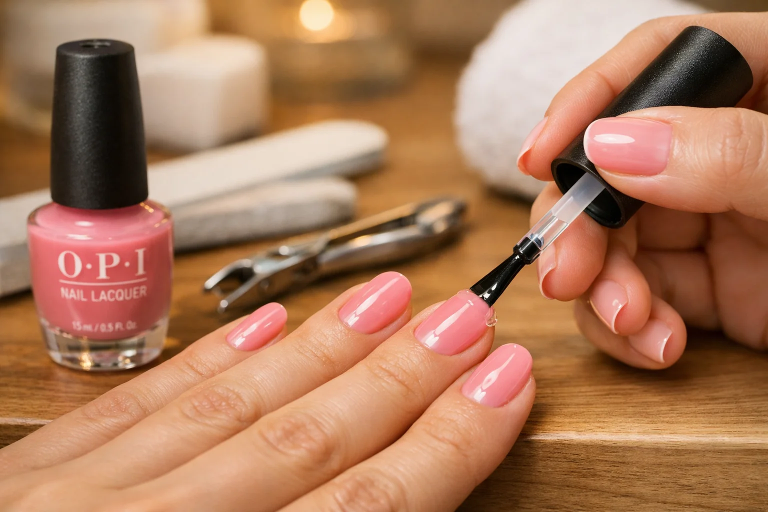 20 Best OPI Pink Nail Polish Ideas for Trendy Nails 6 Applying top coat to OPI pink nail polish for long lasting shine