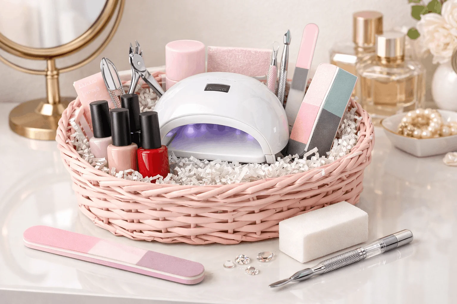 21 Nail Care Gift Basket Ideas Everyone Will Love 6 At home gel manicure gift basket with UV lamp and gel polish