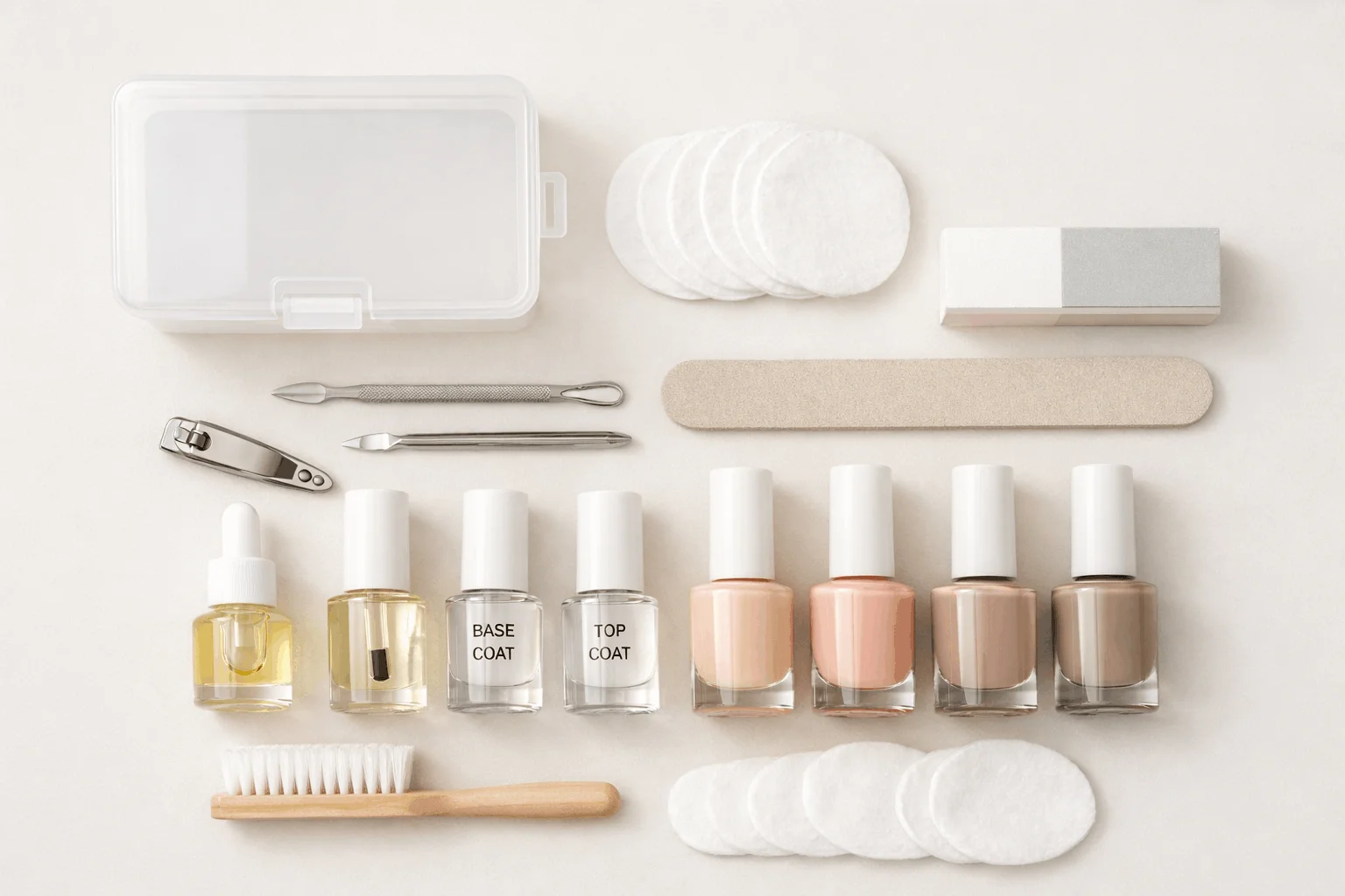23 Nail Supply List for Beginners for Clean, Pretty Nails 1 Beginner nail supply kit essentials laid out neatly for home use