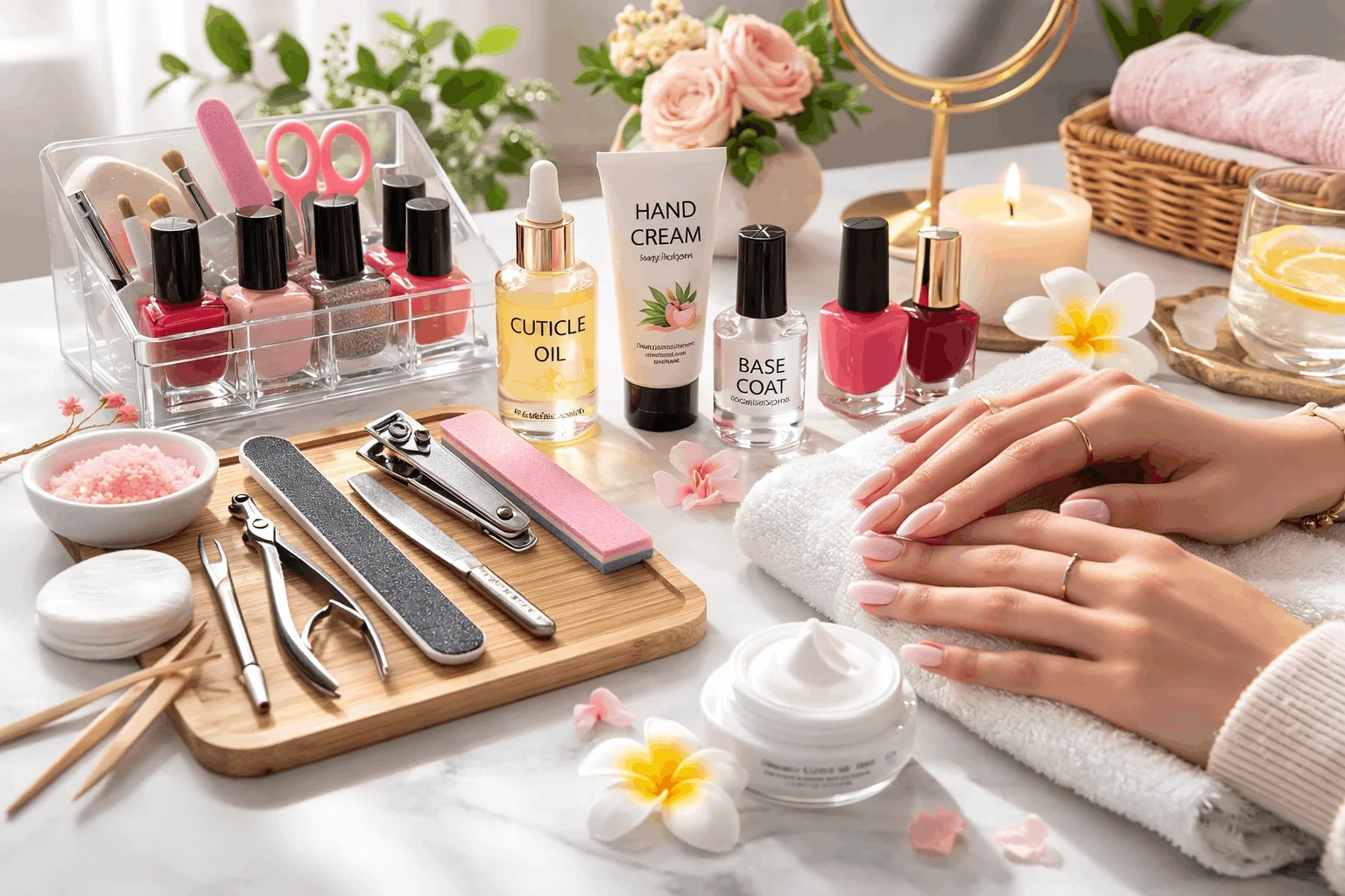 23 Nail Supply List for Beginners for Clean, Pretty Nails 1 Beginner nail supply list with essential manicure tools arranged on a beauty table