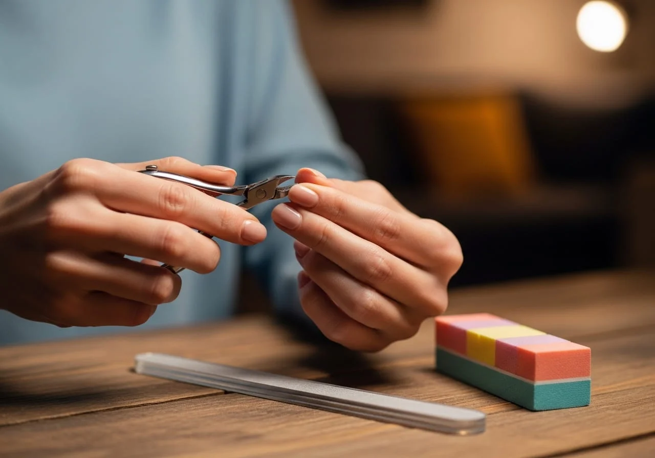 23 Nail Supply List for Beginners for Clean, Pretty Nails 4 Beginner preparing nails at home using clippers and nail file