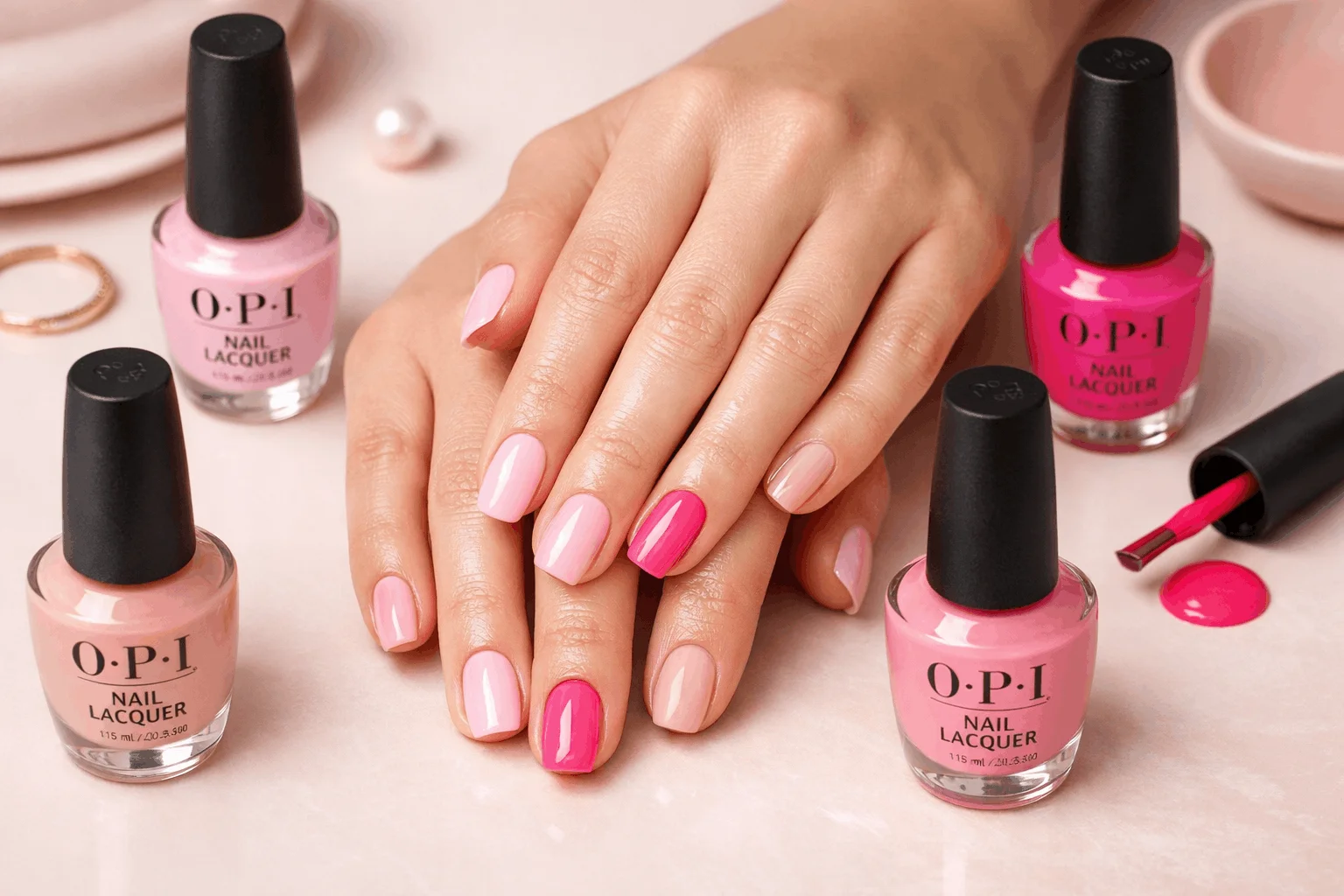 20 Best OPI Pink Nail Polish Ideas for Trendy Nails 1 Best OPI pink nail polish shades flat lay for trendy nails