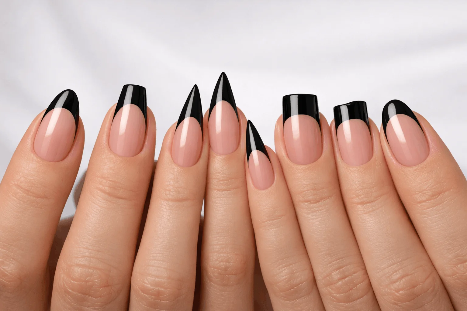 20 Black French Tip Nails That Look Super Classy 3 Black French tip nails in almond, coffin, and stiletto shapes