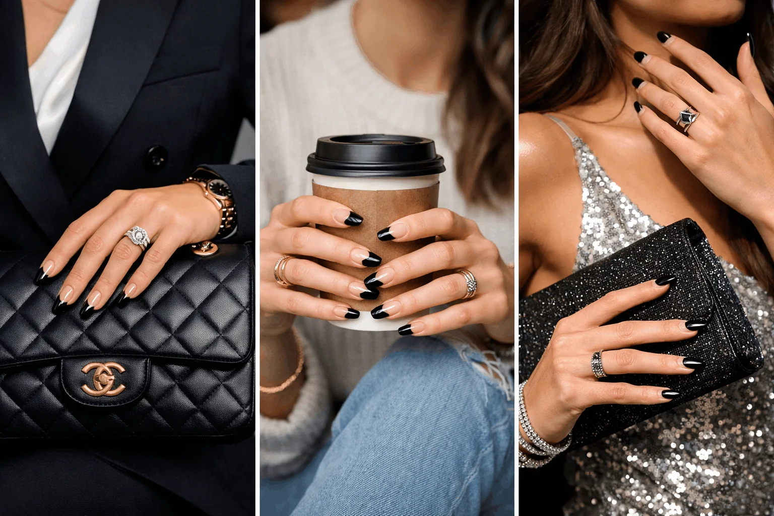 20 Black French Tip Nails That Look Super Classy 5 Black French tip nails styled with casual and formal outfits