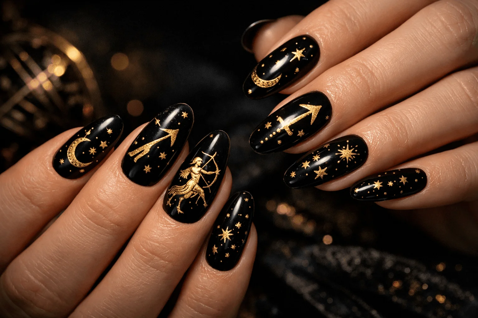 23 Sagittarius Nails Ideas Inspired by Zodiac Power 10 Black and gold Sagittarius astrology nails with luxury zodiac design