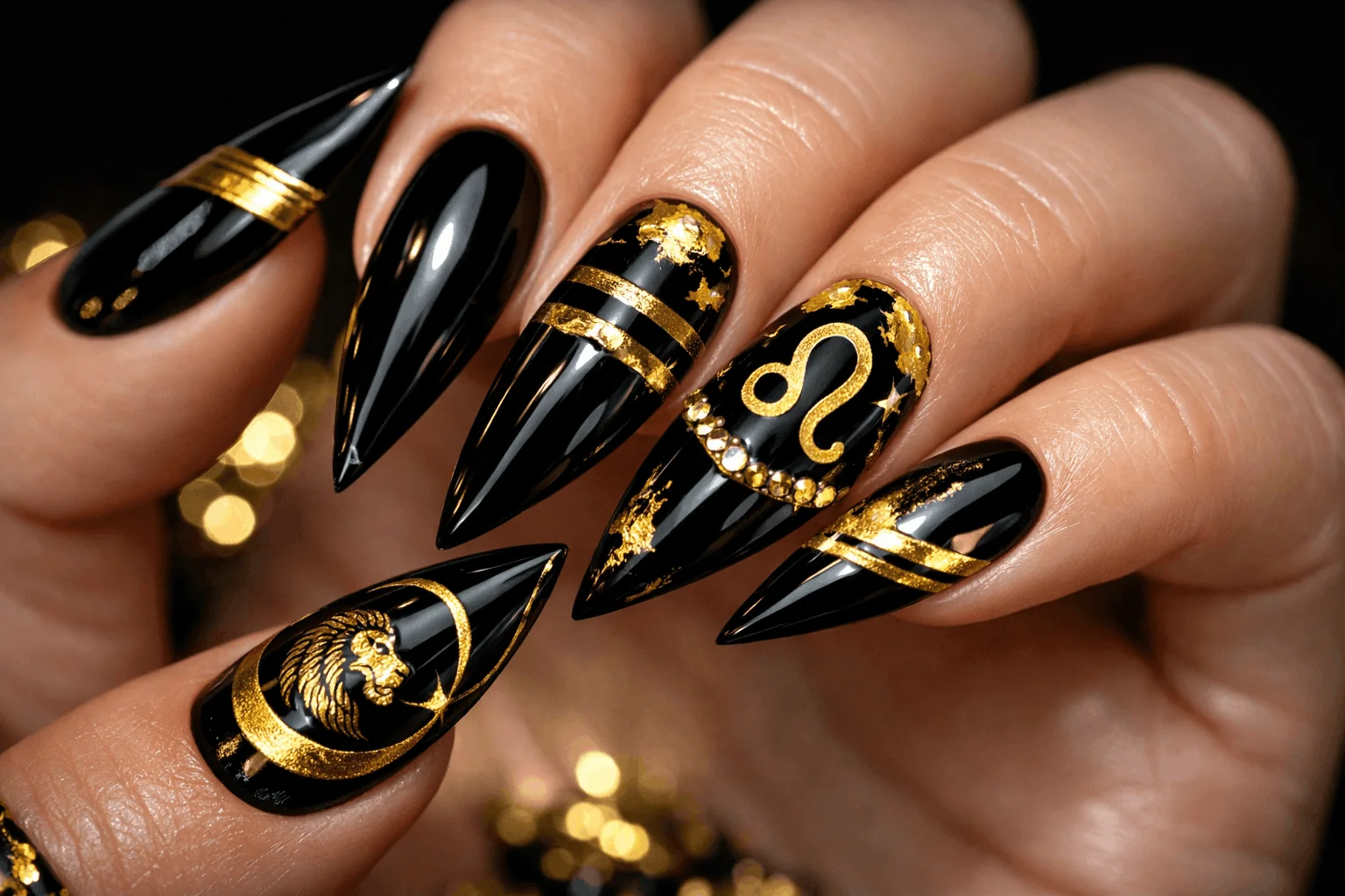 22 Leo Nails Youโll Love If Youโre Bold & Fearless 7 Black and gold leo zodiac nails with foil accents