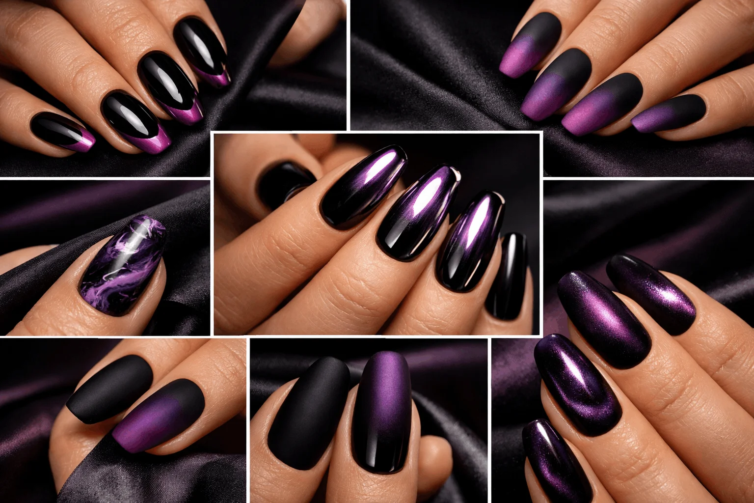 21 Black and Purple Nails Ideas That Look Expensive 1 Black and purple nails collage featuring glossy, ombre, chrome and marble designs