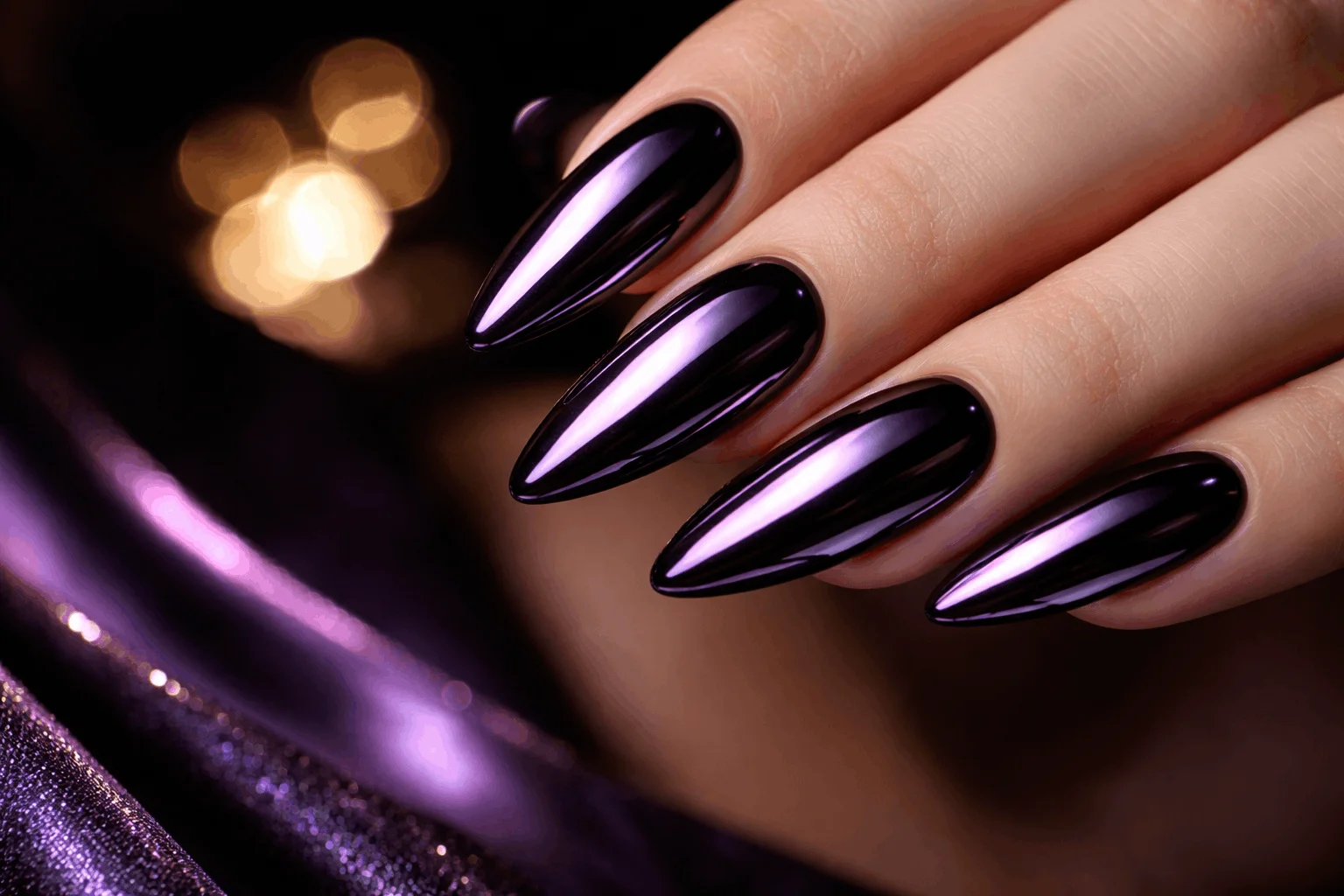 21 Black and Purple Nails Ideas That Look Expensive 4 Black chrome nails with purple reflective shine