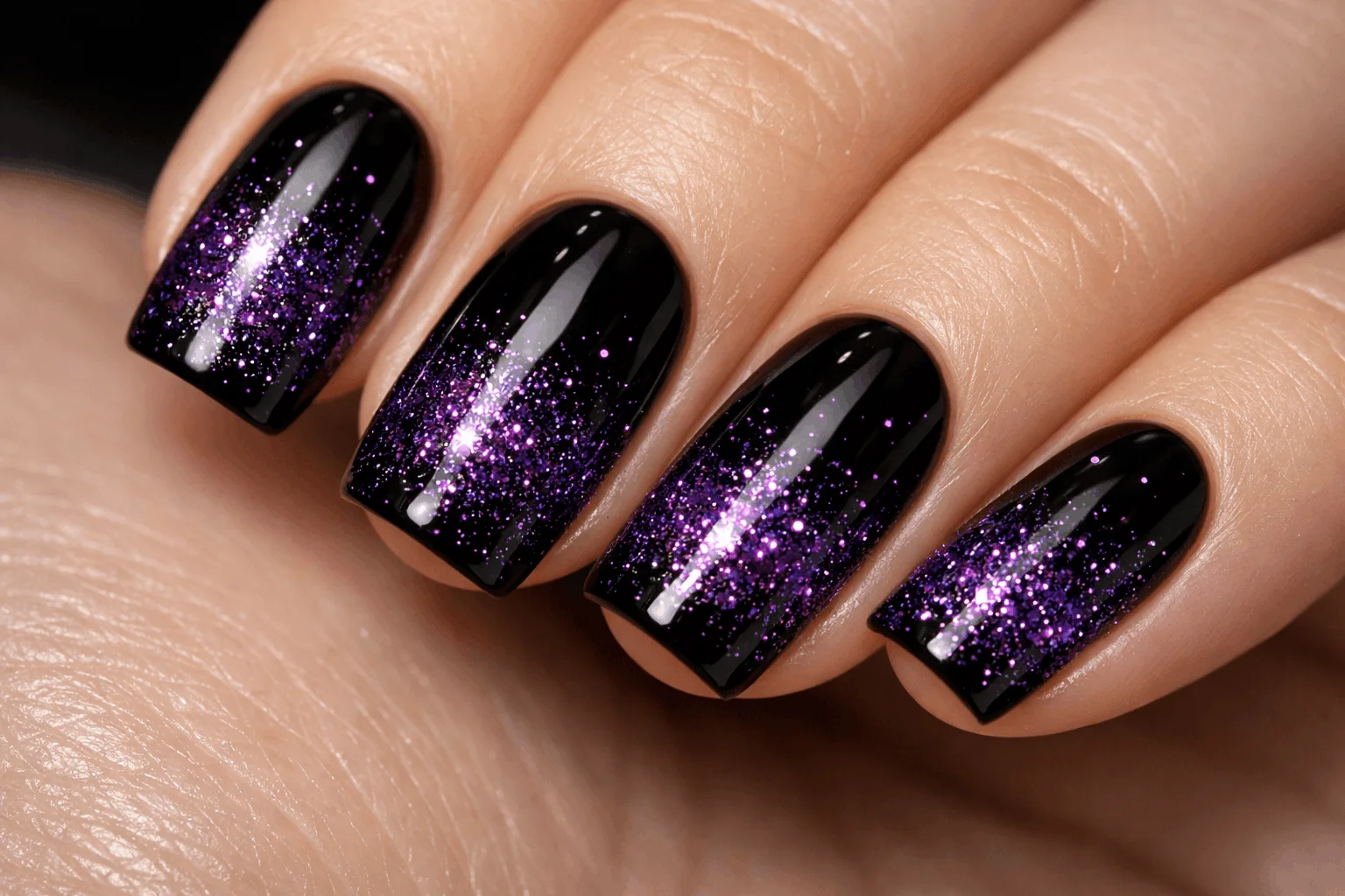 21 Black and Purple Nails Ideas That Look Expensive 6 Black nails with purple glitter dip gradient design