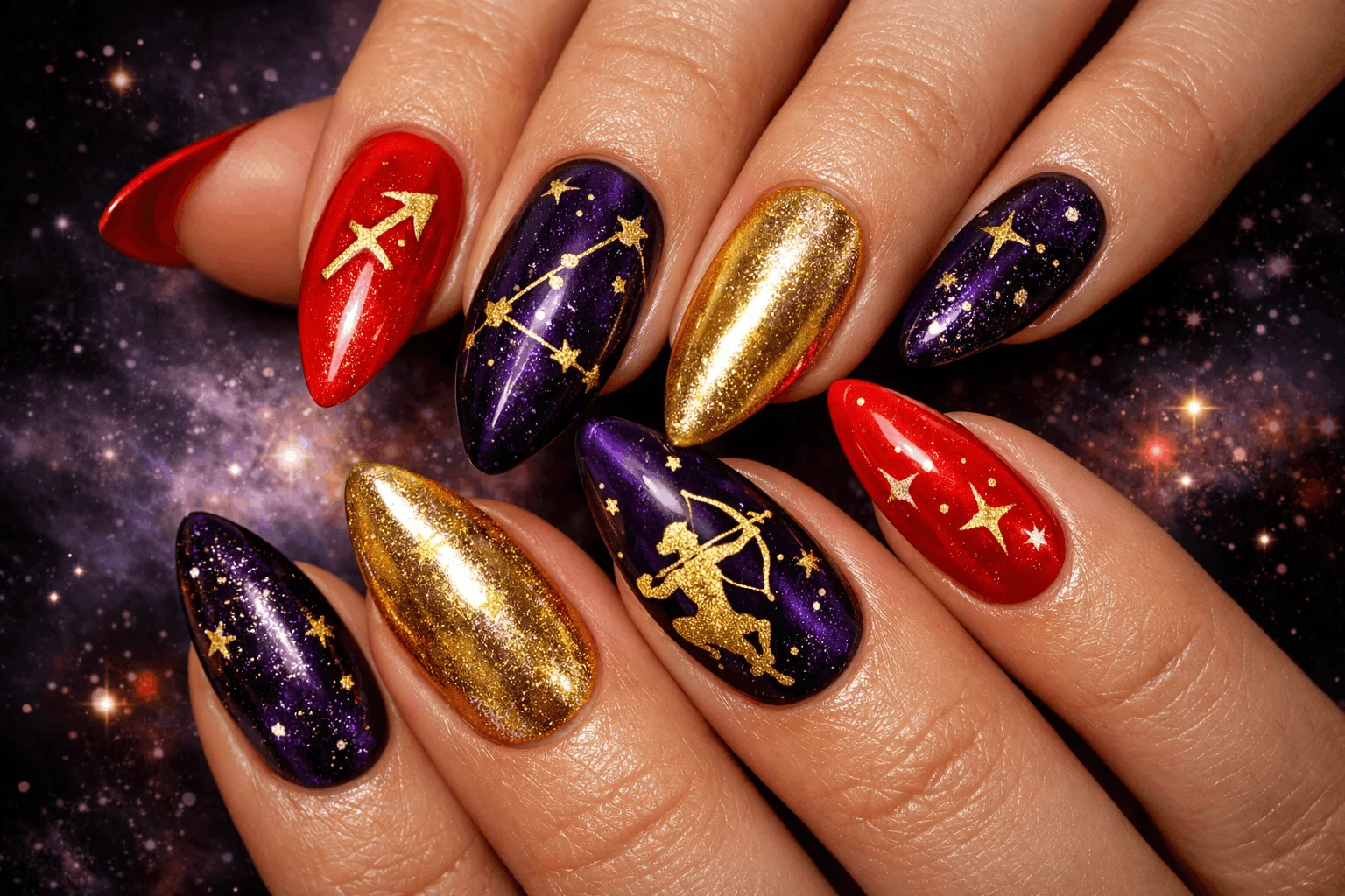 23 Sagittarius Nails Ideas Inspired by Zodiac Power 1 Bold Sagittarius nails with fiery colors and celestial zodiac designs