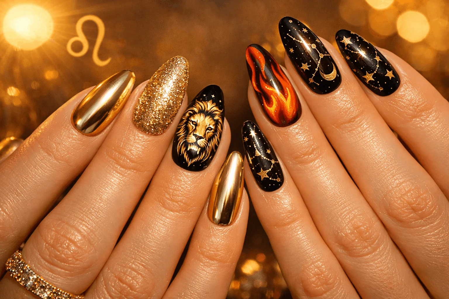 22 Leo Nails Youโll Love If Youโre Bold & Fearless 1 Bold leo nails collection featuring gold chrome, lion nail art and zodiac designs