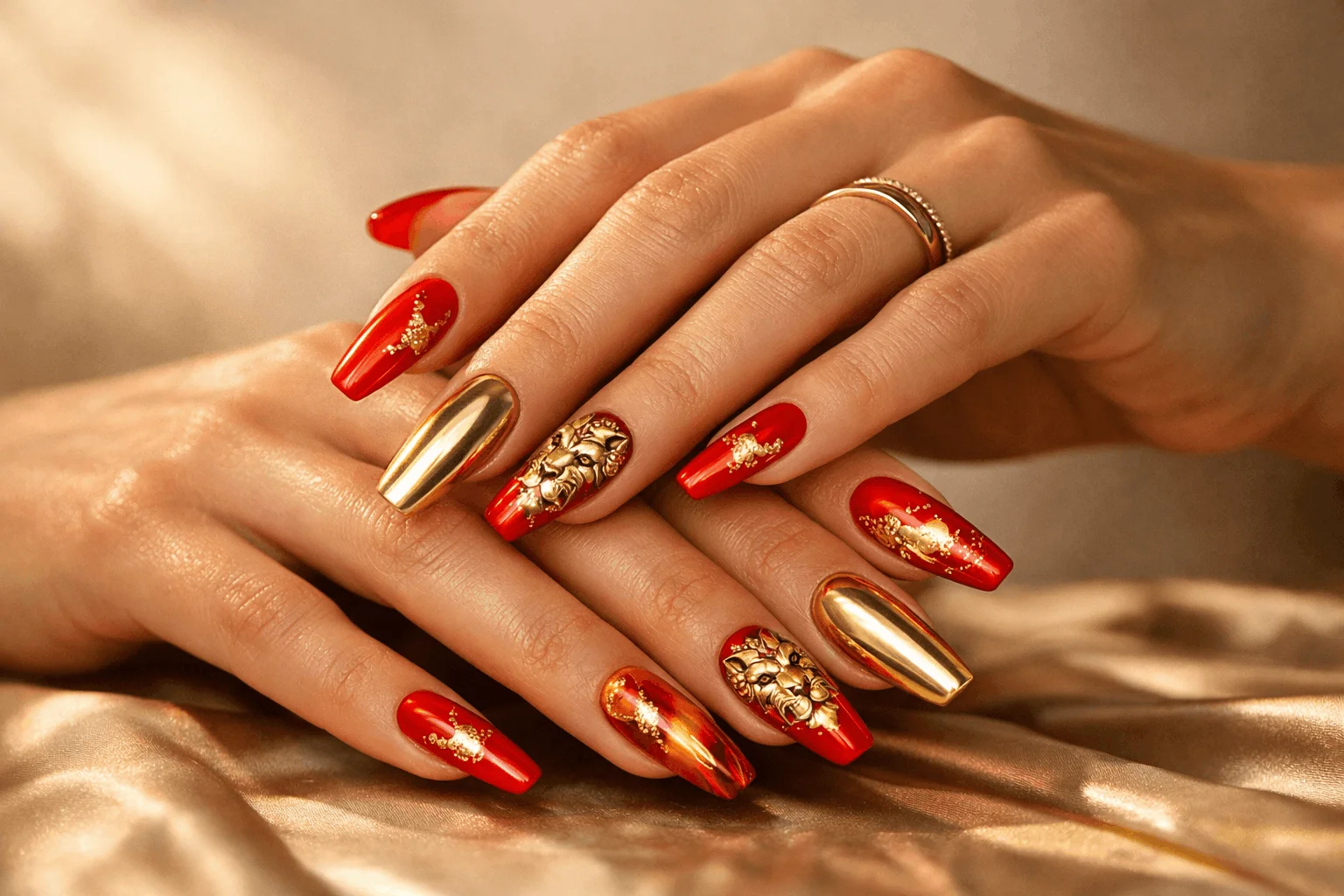 22 Leo Nails You’ll Love If You’re Bold & Fearless 13 Bold leo nails with red, gold, and fiery tones in luxury style