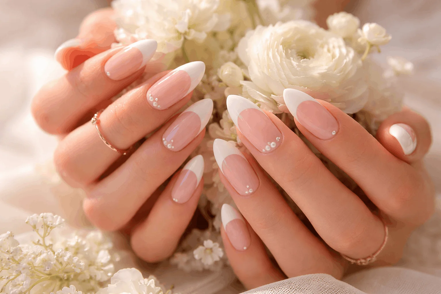 21 White French Tip Nails That Look Clean & Chic 6 Bridal white French tip nails with pearl accents for weddings