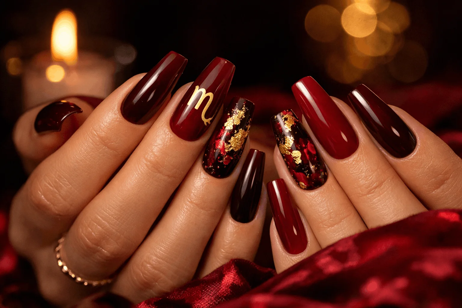 21 Scorpio Nails Designs for Mysterious Vibes 5 Burgundy and red Scorpio nails with luxury glossy finish