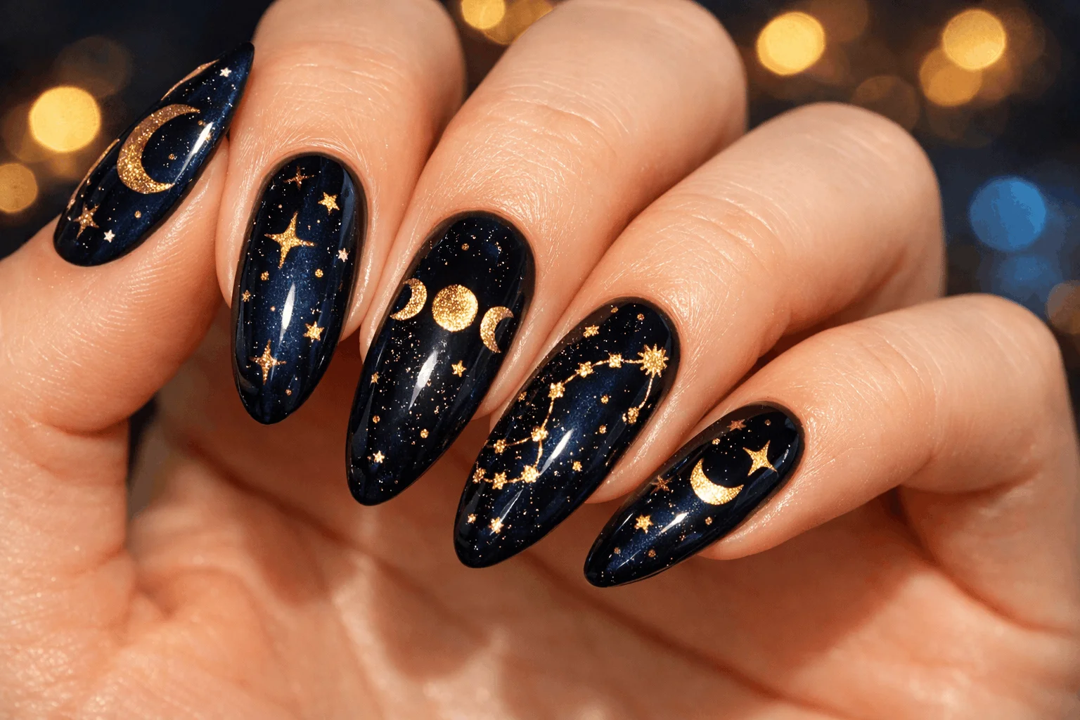 21 Scorpio Nails Designs for Mysterious Vibes 6 Celestial scorpio zodiac nails with stars and moon nail art