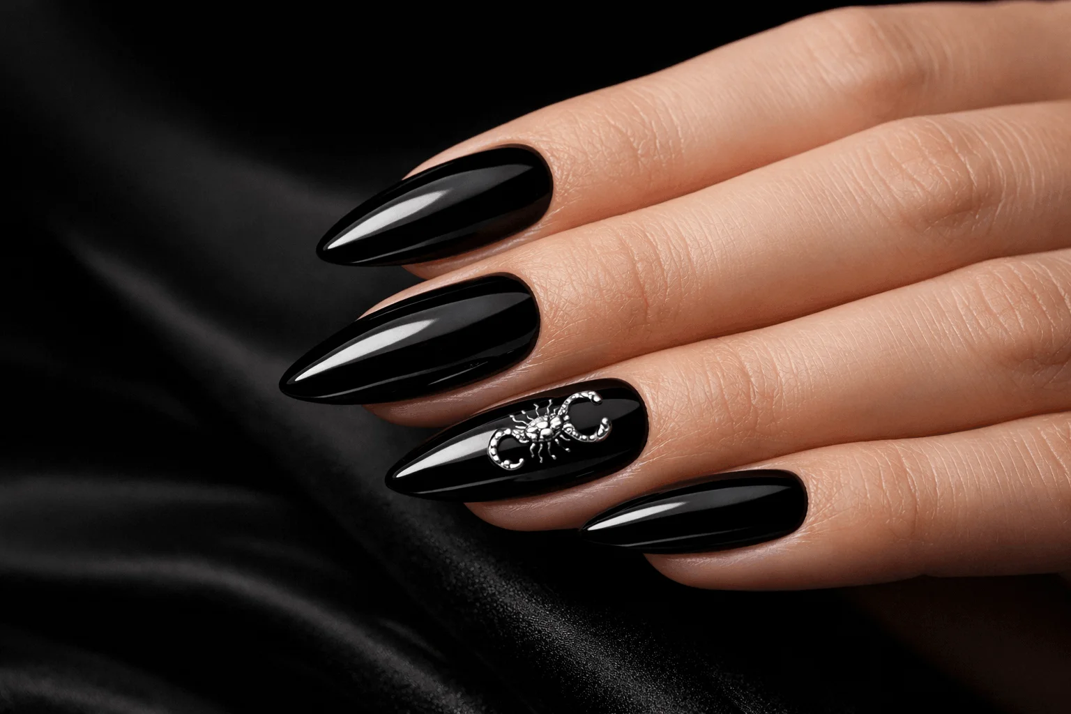 21 Scorpio Nails Designs for Mysterious Vibes 2 Classic black scorpio zodiac nails with silver scorpion accent design