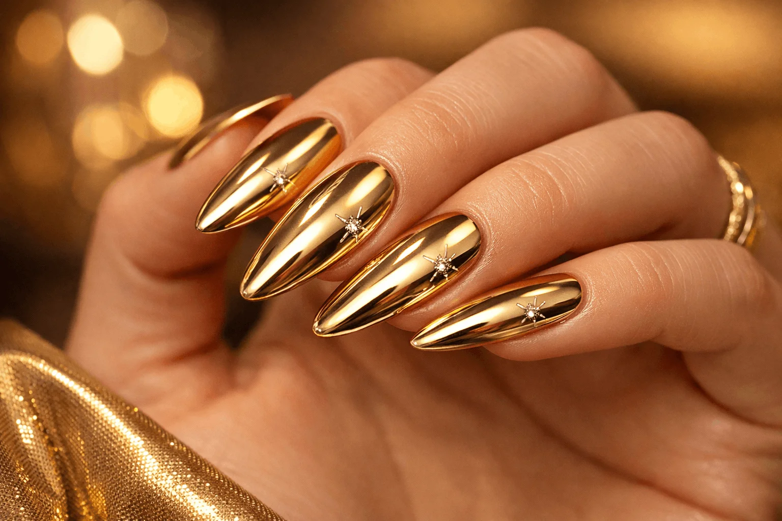 22 Leo Nails Youโll Love If Youโre Bold & Fearless 2 Classic gold leo nails with chrome shine and star accents