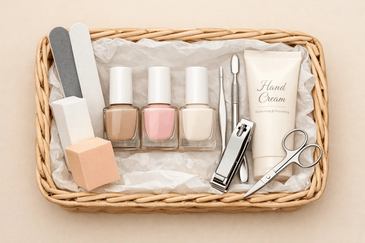 21 Nail Care Gift Basket Ideas Everyone Will Love 1 Classic manicure essentials nail care gift basket with tools and neutral polish