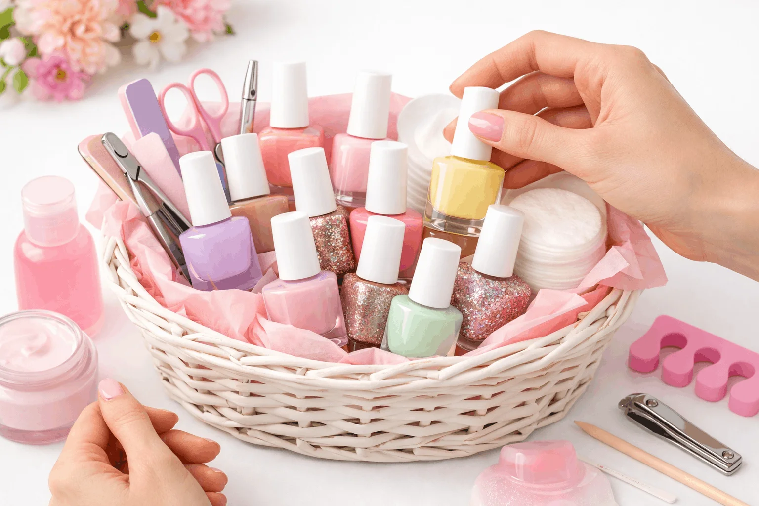 21 Nail Care Gift Basket Ideas Everyone Will Love 3 Colorful nail polish gift basket with multiple manicure shades