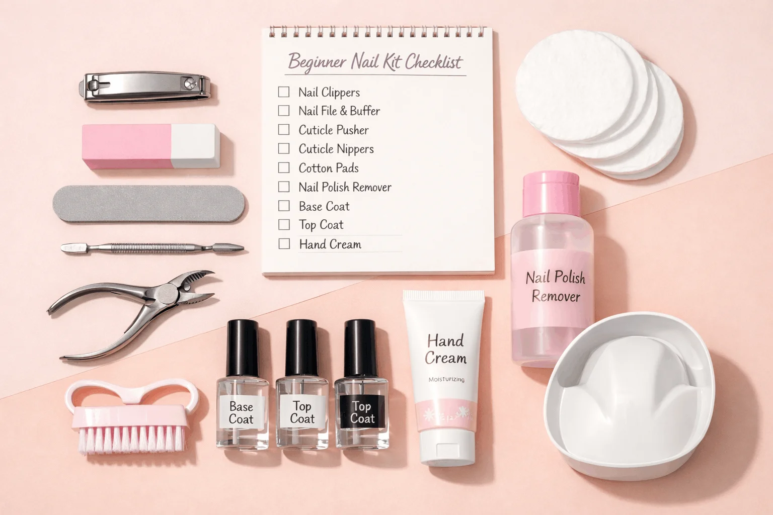 23 Nail Supply List for Beginners for Clean, Pretty Nails 2 Complete beginner nail kit checklist flat lay with manicure essentials