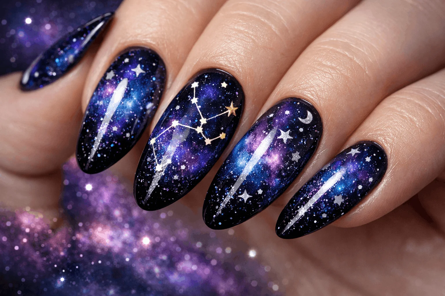 23 Sagittarius Nails Ideas Inspired by Zodiac Power 2 Cosmic galaxy Sagittarius zodiac nails with stars and constellation design