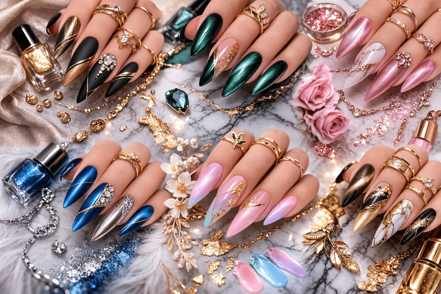 22 Cat Eye Nails That Instantly Elevate Your Manicure 5 Creative cat eye nail designs with rhinestones marble and gold foil