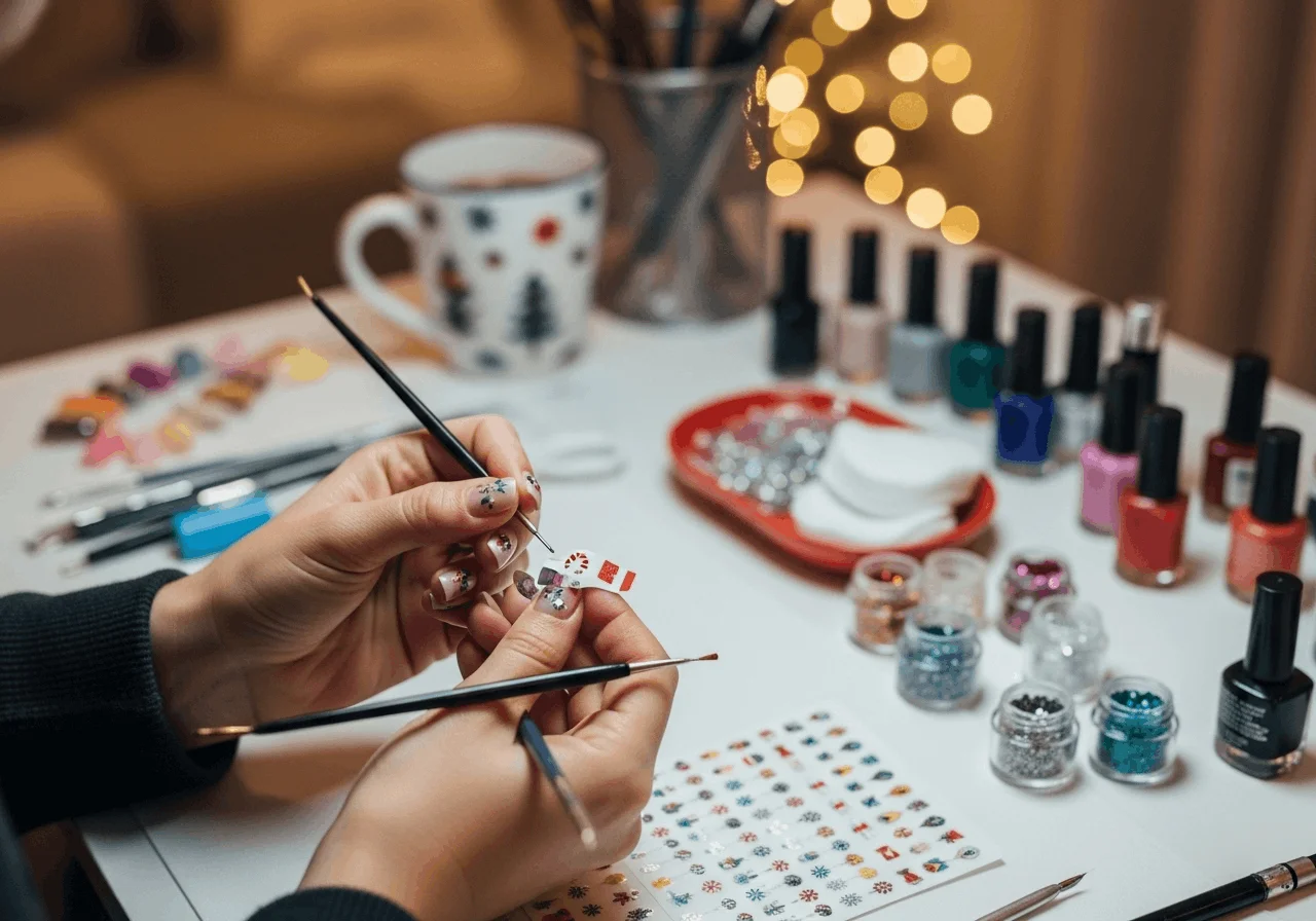 22 December Nails Trends for Holiday Perfection 6 DIY December nail art at home with tools and glitter polish