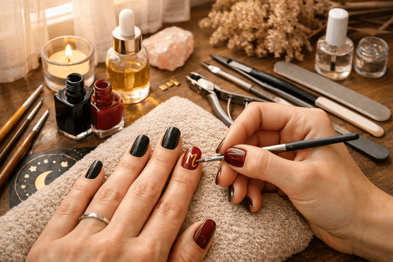 21 Scorpio Nails Designs for Mysterious Vibes 6 DIY Scorpio nail art setup at home with manicure tools