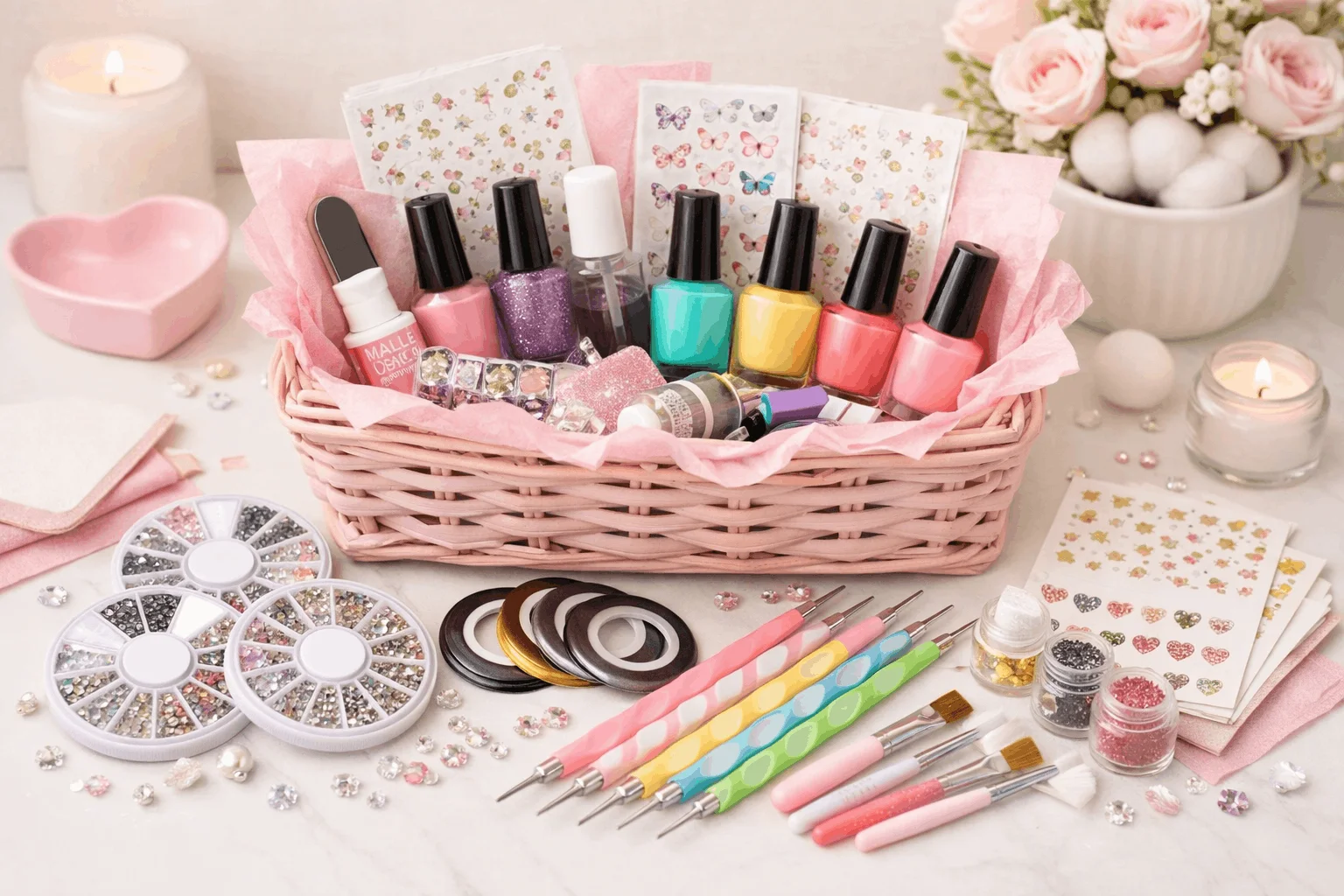 21 Nail Care Gift Basket Ideas Everyone Will Love 4 DIY nail art gift basket with tools, rhinestones and nail stickers