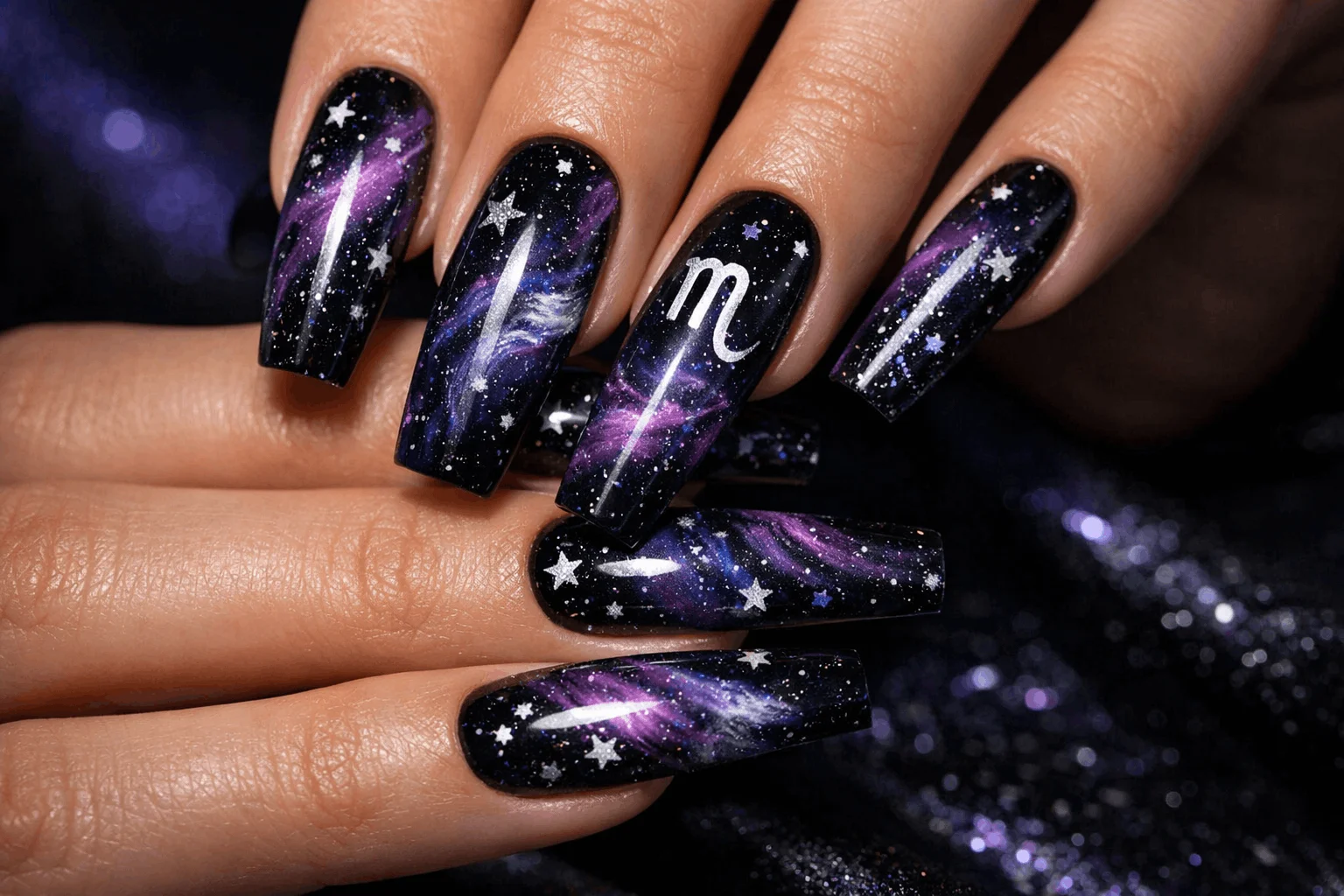 21 Scorpio Nails Designs for Mysterious Vibes 7 Dark galaxy scorpio themed nails with cosmic star design