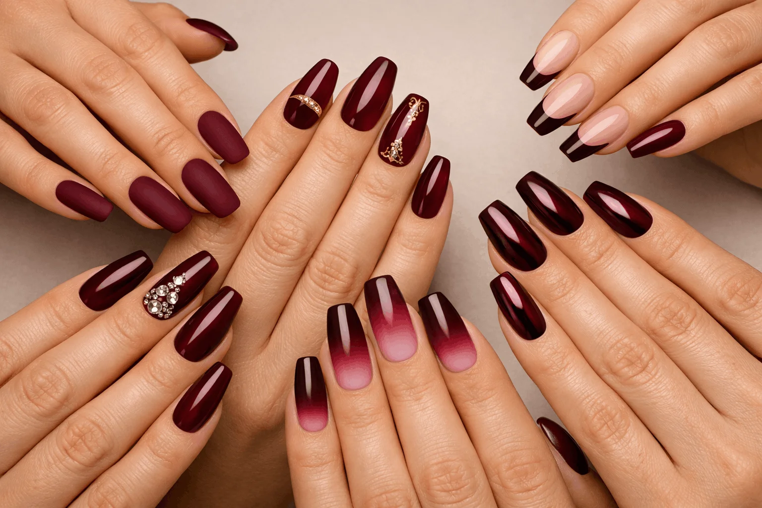 20 Dark Red Nails Ideas for Classy, Elegant Hands 4 Dark red nail polish shades including wine burgundy and maroon colors