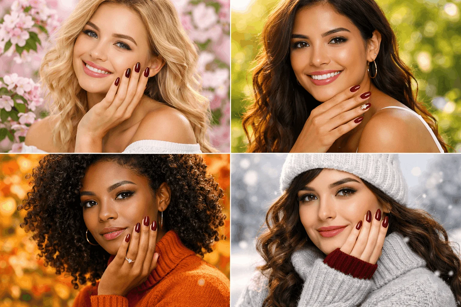 20 Dark Red Nails Ideas for Classy, Elegant Hands 2 Dark red nails on different skin tones and seasons showing versatility
