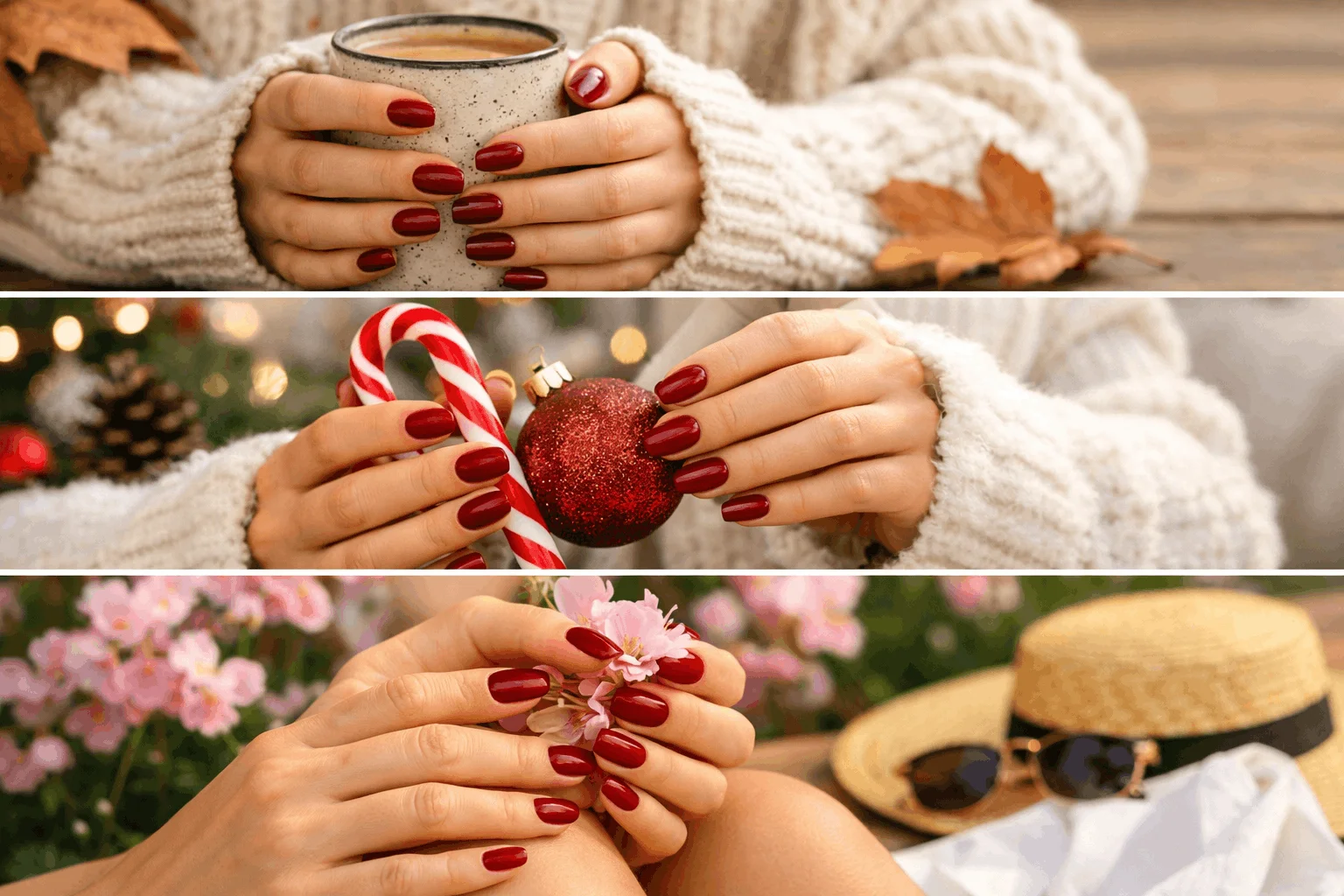 20 Dark Red Nails Ideas for Classy, Elegant Hands 4 Dark red nails styled for fall, winter, spring, and summer