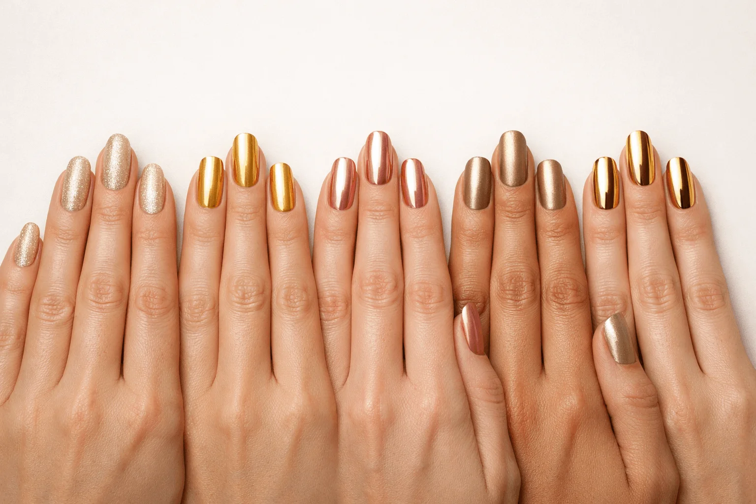Gold Holiday Nails: The Ultimate Guide to Festive, Elegant Manicures 2 Different shades of gold holiday nails including champagne, rose, and chrome gold