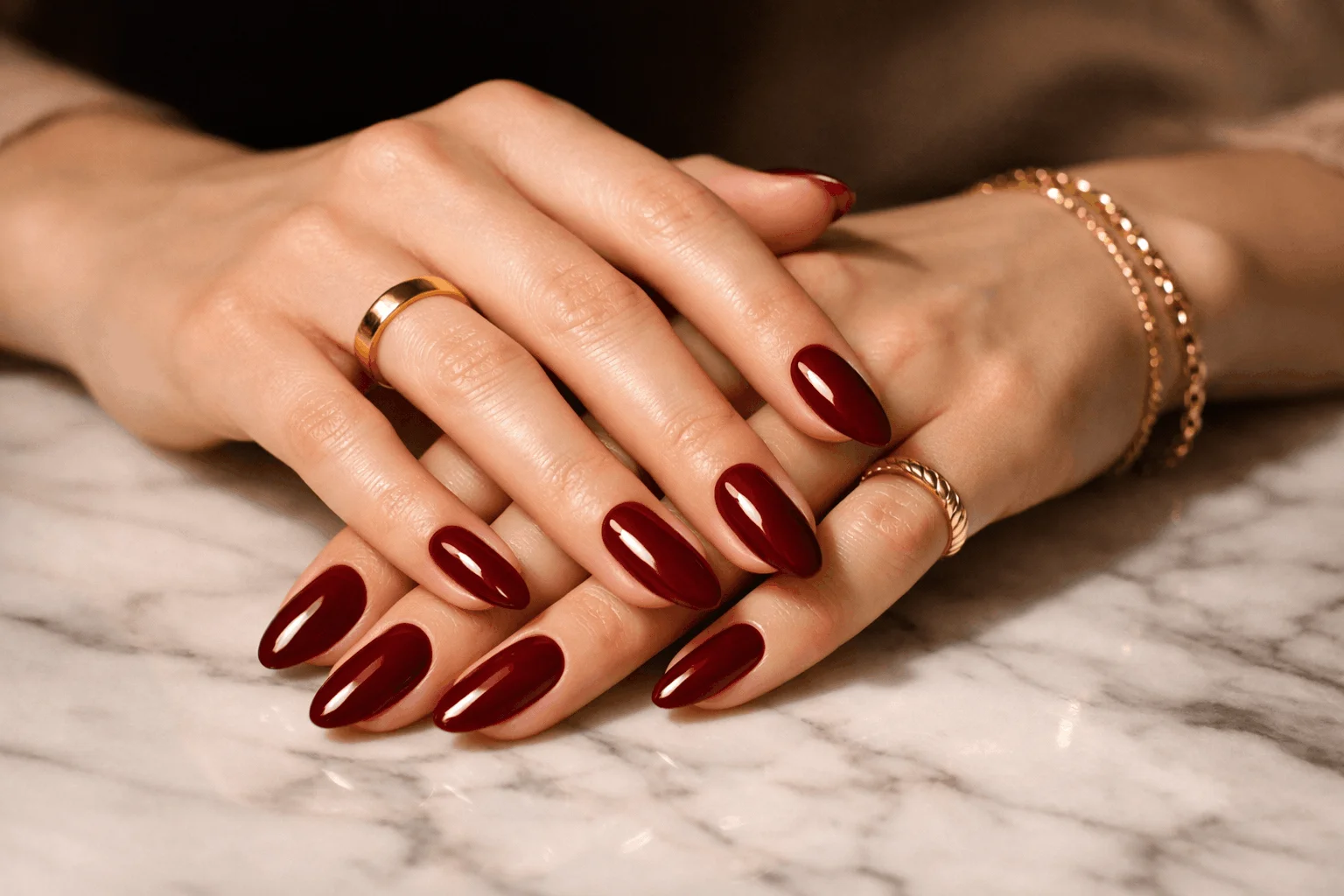 20 Dark Red Nails Ideas for Classy, Elegant Hands 1 Elegant dark red nails with glossy finish and almond shape