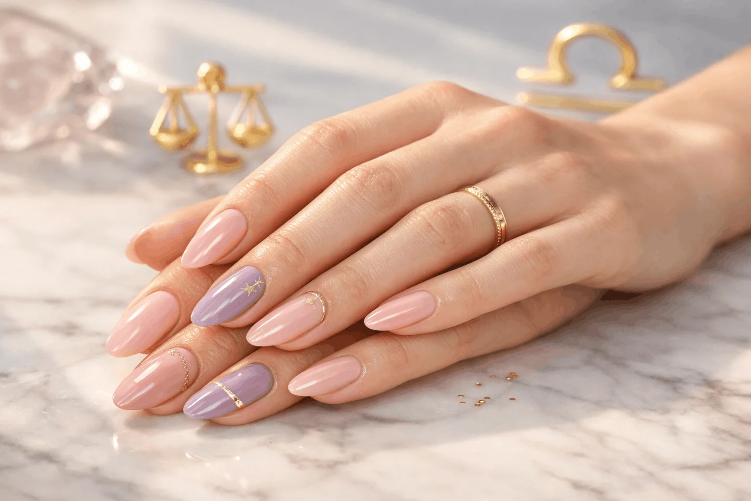 21 Libra Nails Designs for Soft, Chic Manicures 1 Elegant pastel libra nails with gold accents and zodiac-inspired design