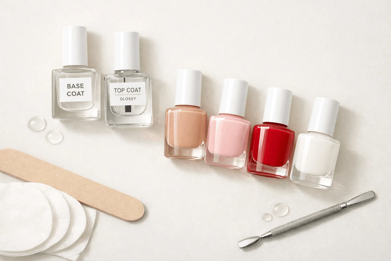 23 Nail Supply List for Beginners for Clean, Pretty Nails 4 Essential nail polish colors, base coat, and top coat for beginners