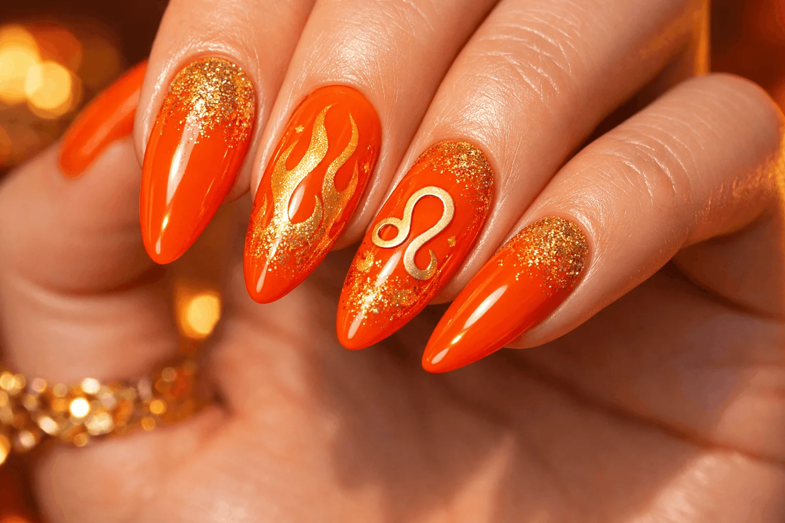 22 Leo Nails Youโll Love If Youโre Bold & Fearless 4 Fiery orange leo nails with flame nail art and gold accents