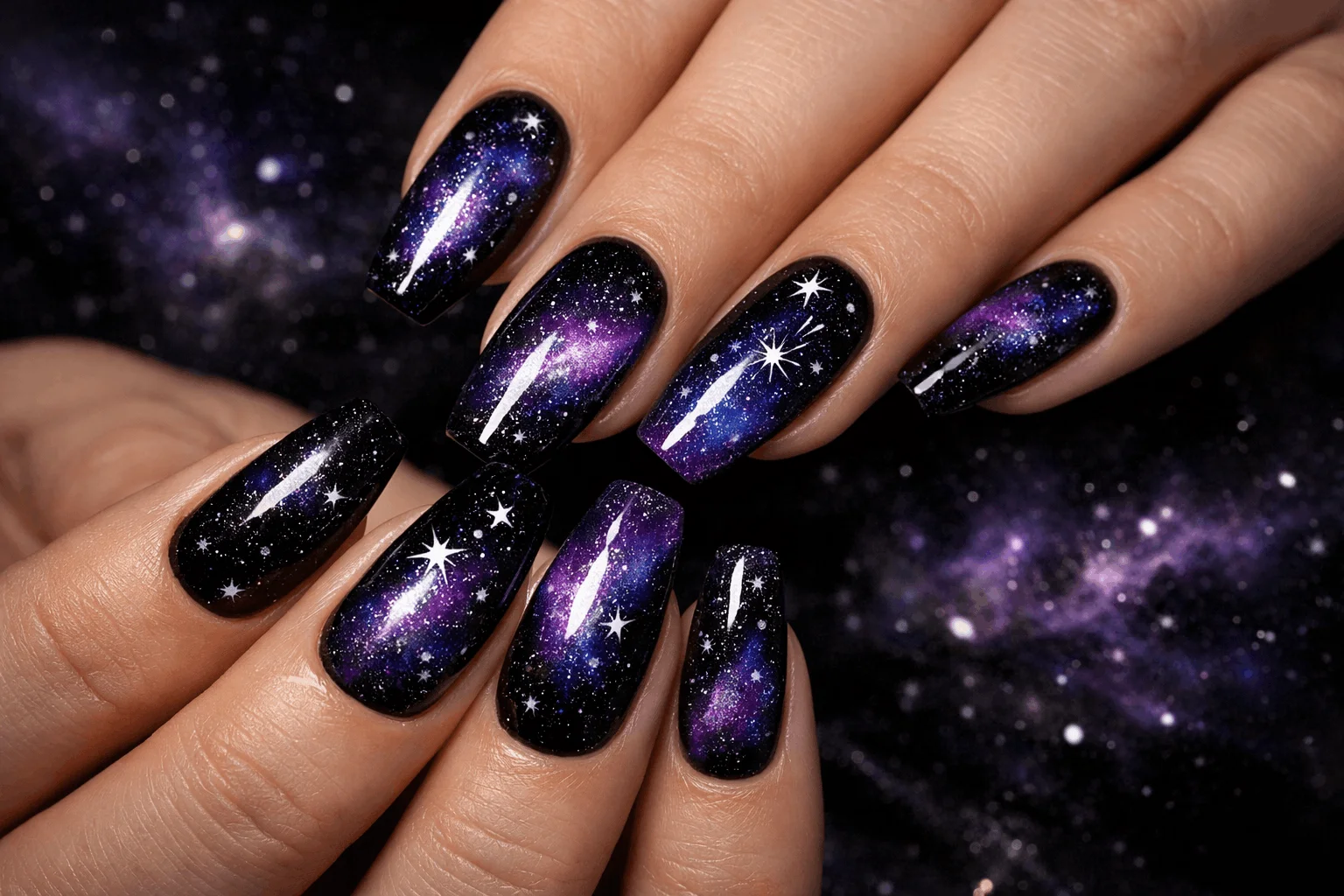 21 Black and Purple Nails Ideas That Look Expensive 10 Galaxy black and purple nails with shimmer and star details