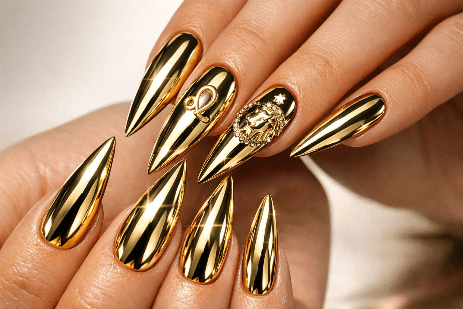 22 Leo Nails Youโll Love If Youโre Bold & Fearless 9 Gold chrome leo nails with mirror metallic finish