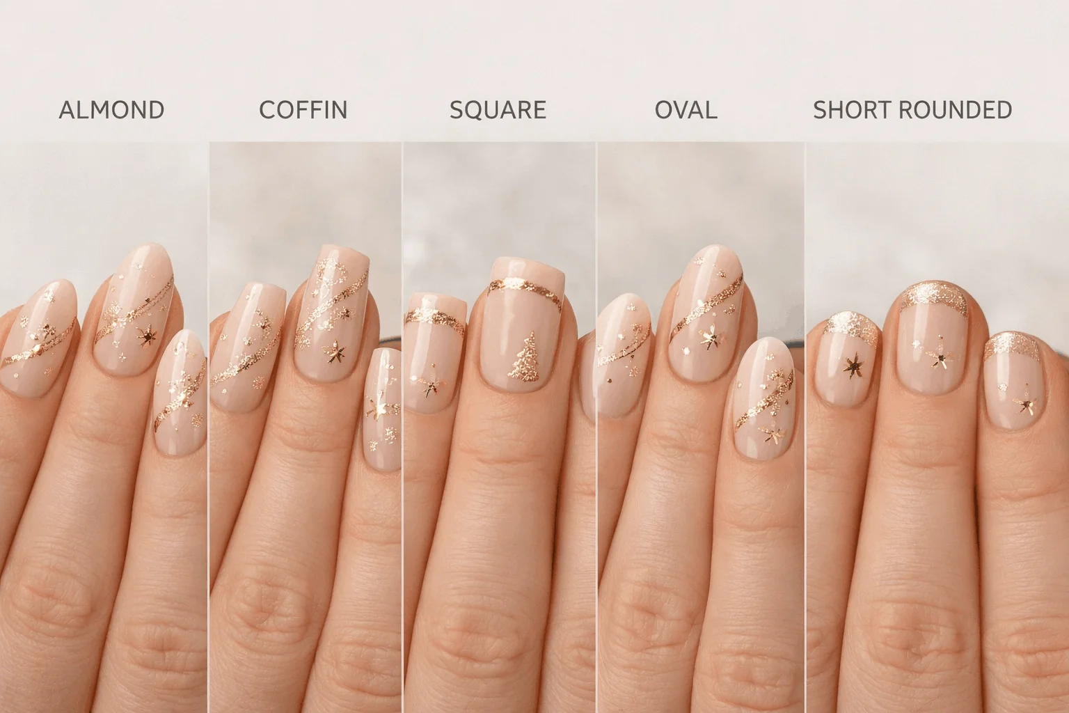 Gold Holiday Nails: The Ultimate Guide to Festive, Elegant Manicures 4 Different shades of gold holiday nails including champagne, rose, and chrome gold