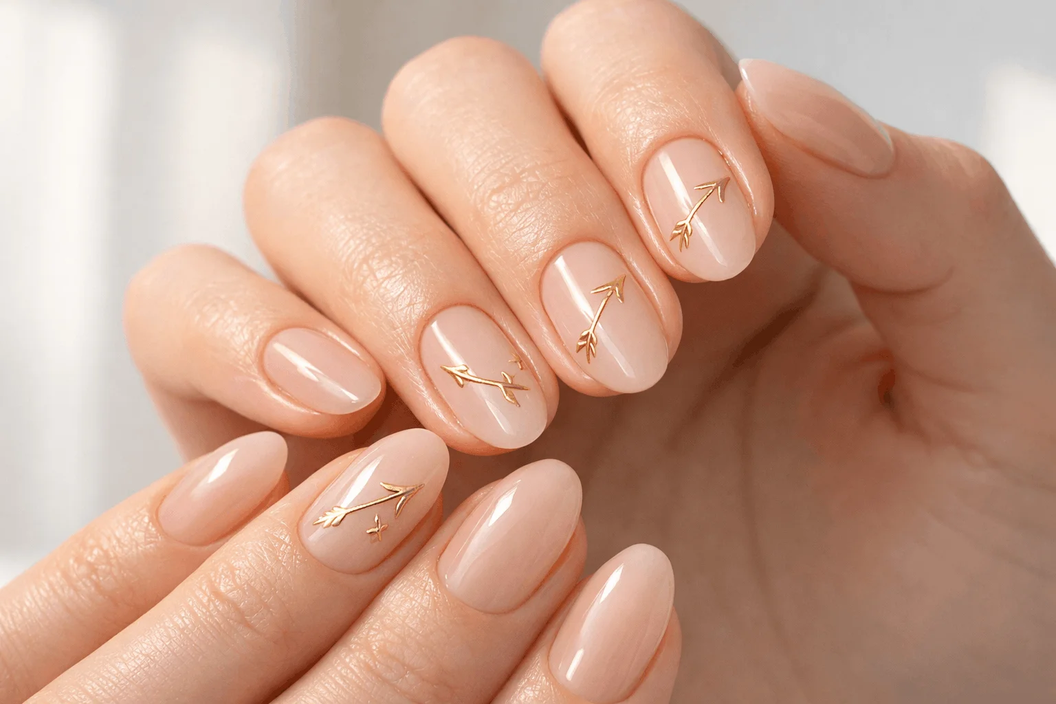 23 Sagittarius Nails Ideas Inspired by Zodiac Power 3 Golden arrow Sagittarius astrology nails on nude base minimalist design