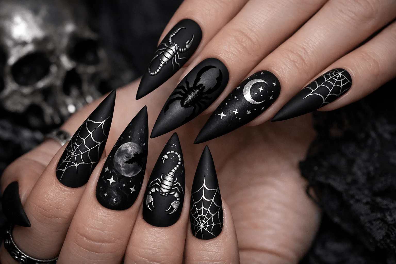 21 Scorpio Nails Designs for Mysterious Vibes 9 Gothic scorpio themed nails with black stiletto and silver nail art