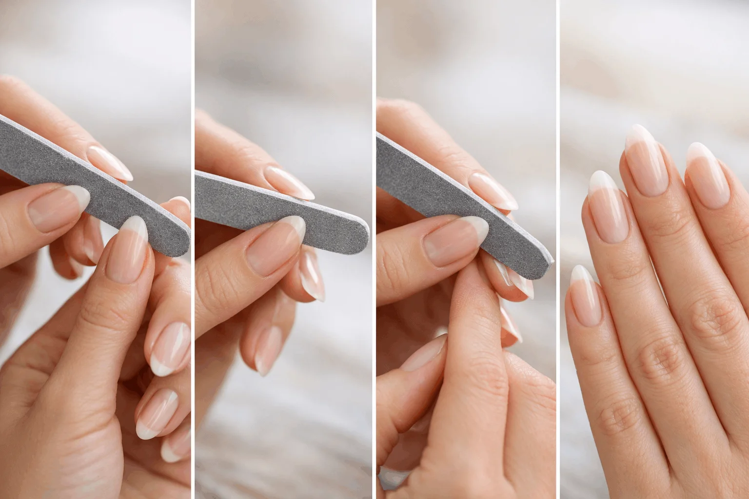 25 Stunning Almond Nails Designs You’ll Absolutely Love 4 Hands filing nails into perfect almond shape step by step