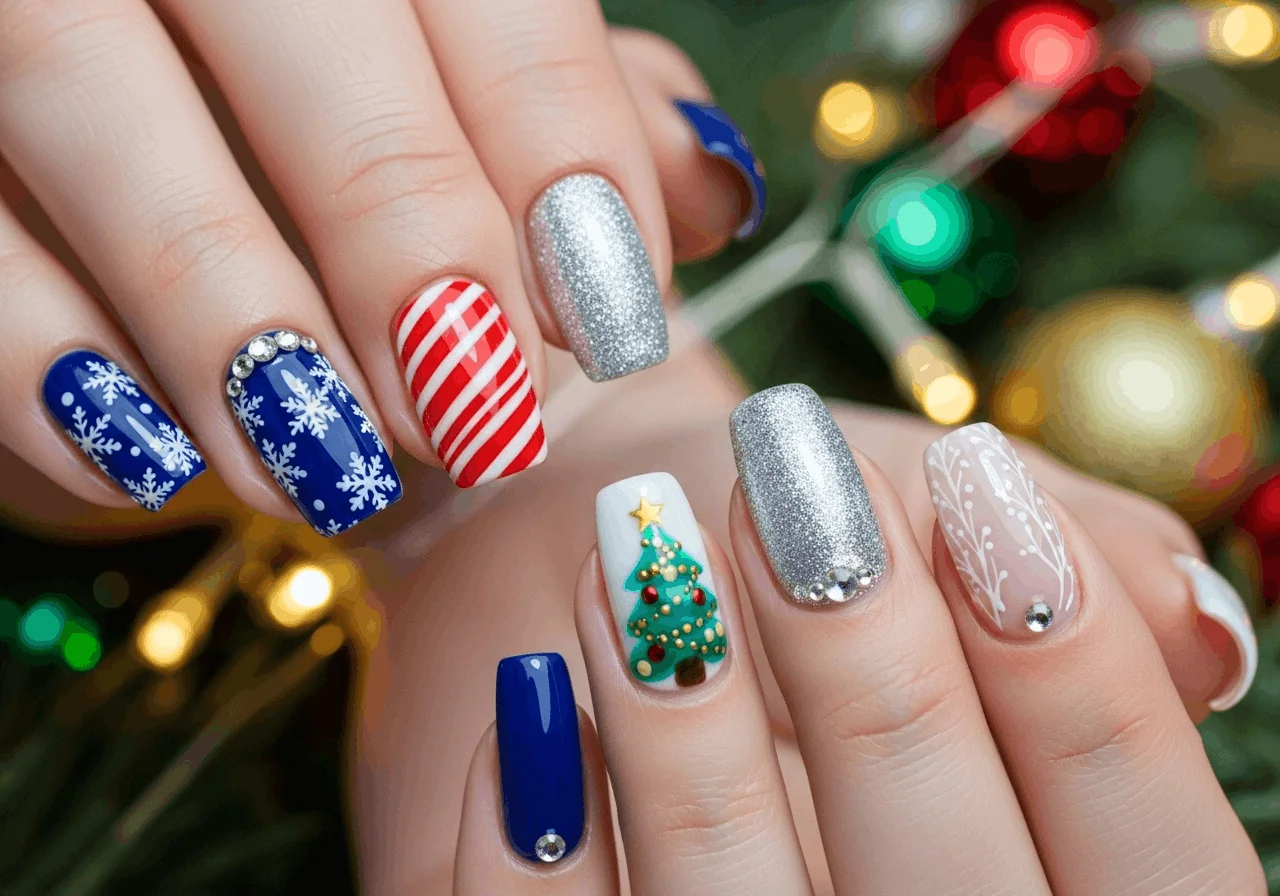 22 December Nails Trends for Holiday Perfection 3 Holiday themed December nail designs with snowflakes and glitter