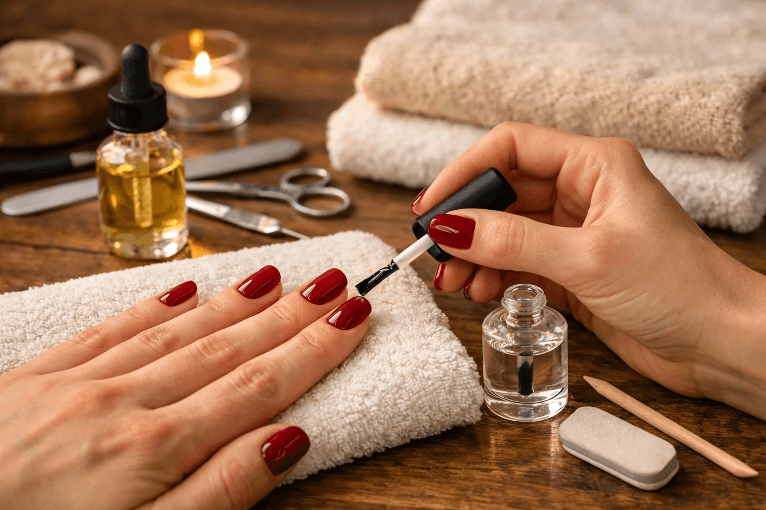 20 Dark Red Nails Ideas for Classy, Elegant Hands 5 Home manicure routine for maintaining dark red nails