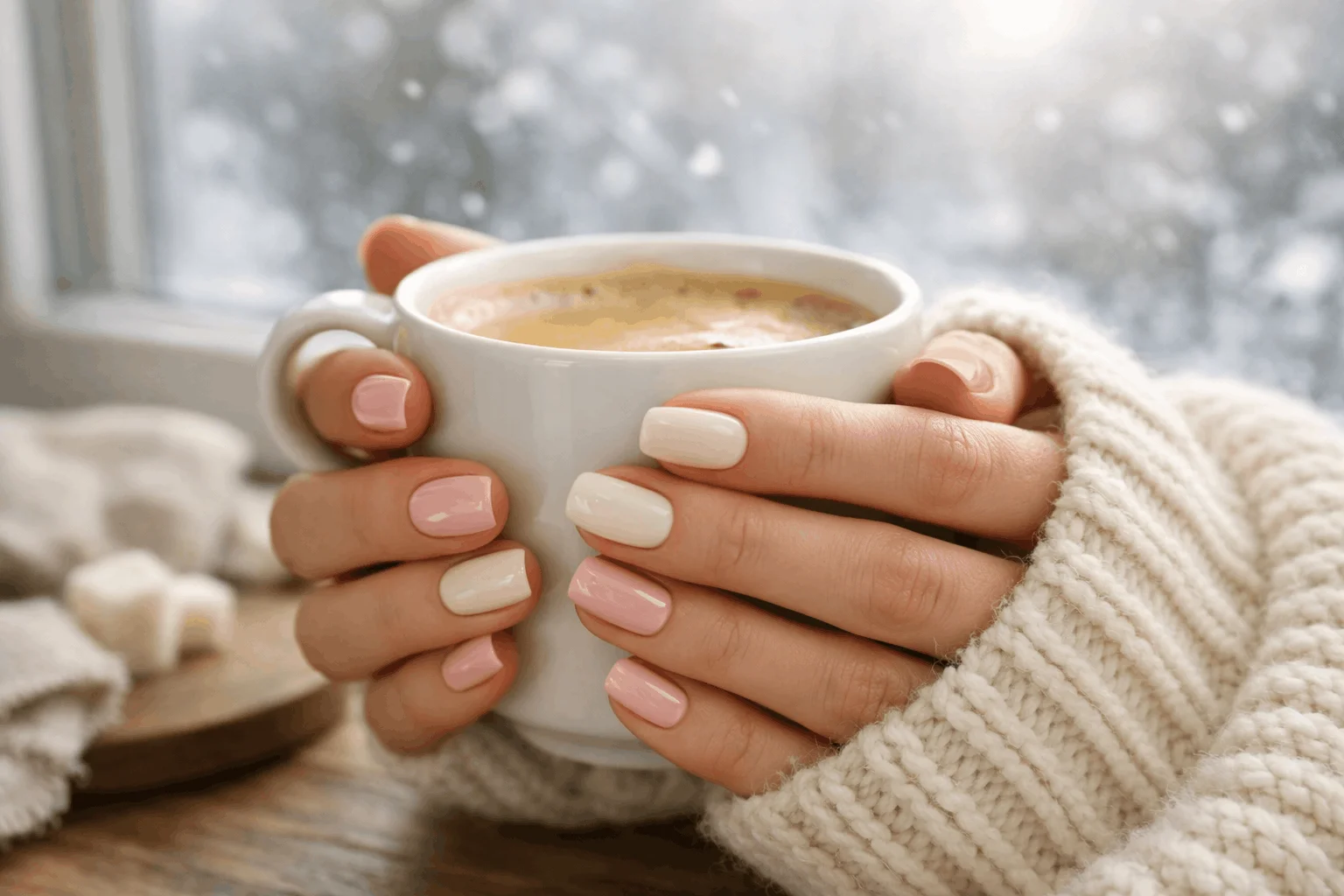 24 January Nails Designs Perfect for Winter Vibes 1 January nails with soft beige and pink winter manicure aesthetic