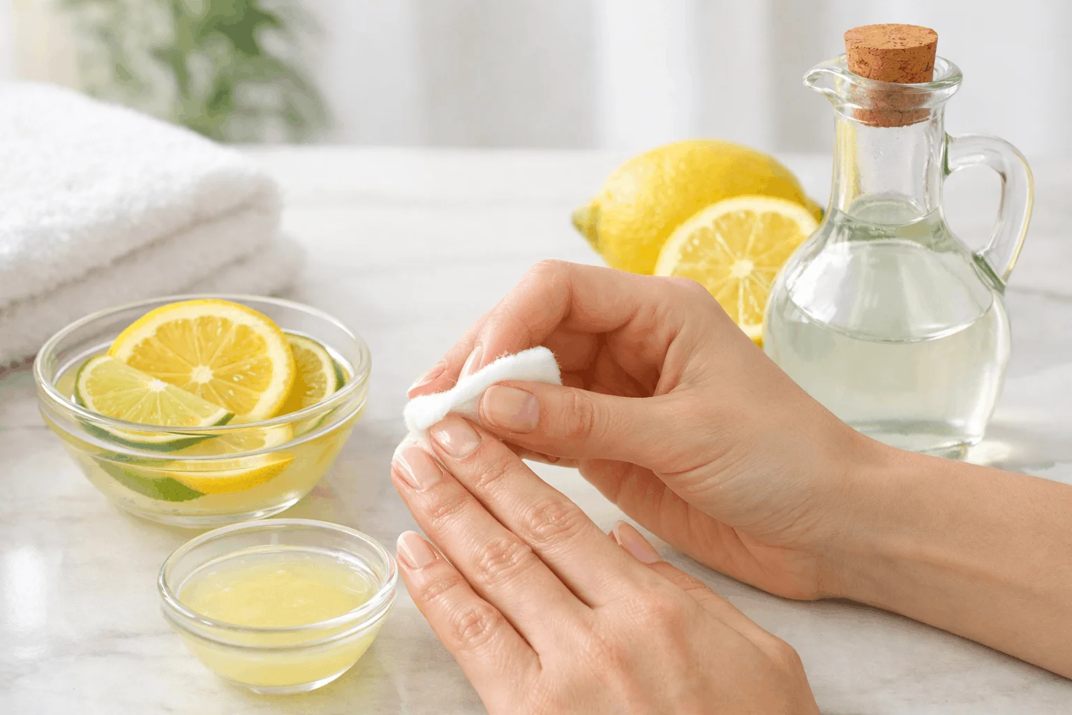 21 Easy DIY Nail Polish Remover Solutions for Nails 2 Lemon and vinegar natural DIY nail polish remover method
