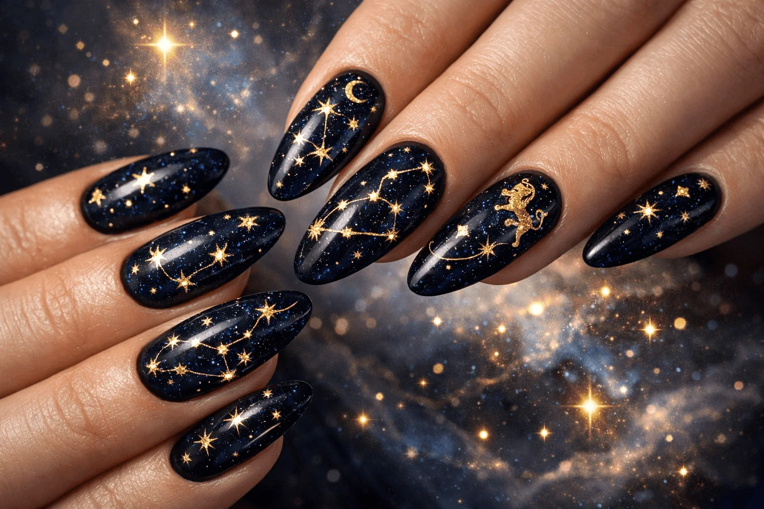 22 Leo Nails Youโll Love If Youโre Bold & Fearless 5 Leo constellation nails with gold stars on navy manicure