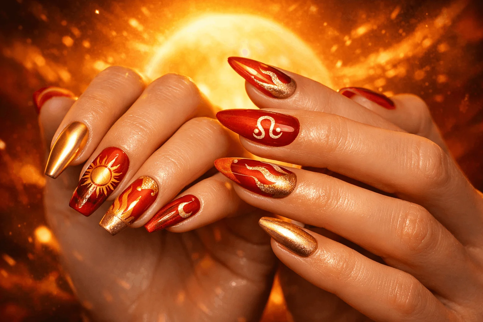 22 Leo Nails You’ll Love If You’re Bold & Fearless 2 Leo energy inspired nail art with sun and flame designs